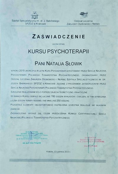 Zaświadczenie ukończenia 4-letniego kursu psychoterapii, Szpital Specjalistyczny im. dr. J. Babińskiego w Krakowie, 2015