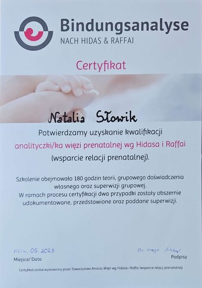 Certyfikat analityka więzi prenatalnej wg Hidasa i Raffai, 2023