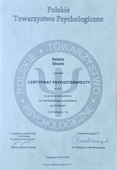 Certyfikat psychoterapeuty Polskiego Towarzystwa Psychologicznego, nr 412, 2025