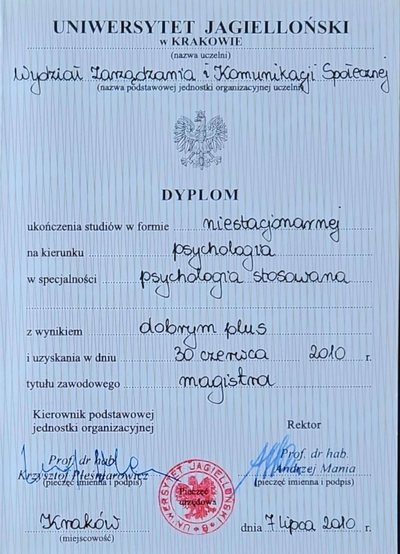 Dyplom magistra psychologii stosowanej, Uniwersytet Jagielloński, 2010